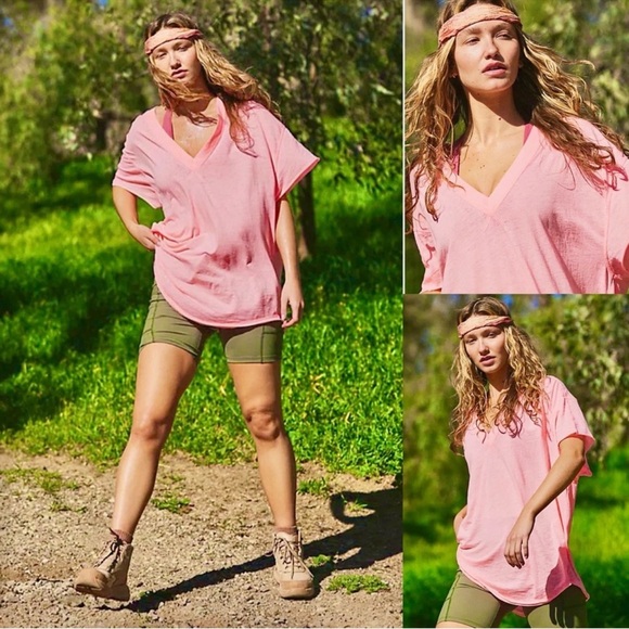 Free People Light Pink V-Neck Tee - Picture 1 of 6